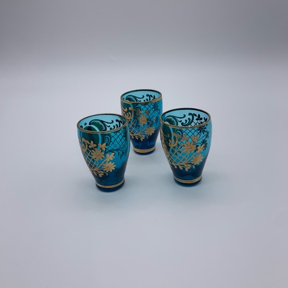 Vintage Set Of 3 Italian Murano Venetian Blue & Gold 2oz Shot Glasses Painted - Picture 5 of 8